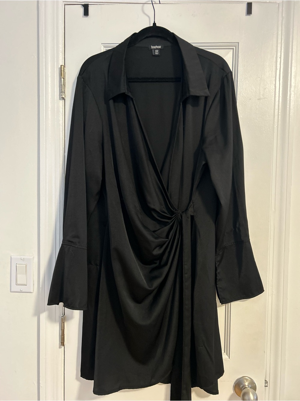 Black Long Sleeve Draped Wrap Shirt Dress